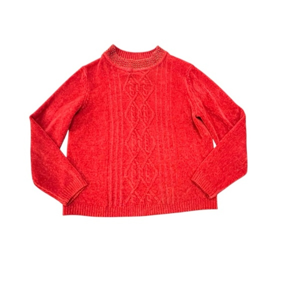Alfred Dunner Velour Sweater Petite PXL Red Long Sleeveβ Beaded Crew Neck Cozy
